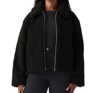 LEVIS Kate Sherpa Jacket Faux‎ Fur Zip Front Coat Black Relaxed Fit Women's S